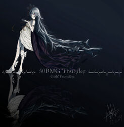  absurdres armlet artist_name asil bare_arms bare_shoulders black_background blue_hair bow cloak closed_mouth commentary_request copyright_name dated dress expressionless female from_side full_body girls&#039;_frontline grey_hair highres layered_dress long_hair looking_at_viewer looking_to_the_side official_alternate_costume pale_skin pantyhose red_eyes reflection scar scar_on_neck shoes signature simple_background sleeveless sleeveless_dress solo standing texture thunder_(girls&#039;_frontline) thunder_(lenore&#039;s_raven)_(girls&#039;_frontline) very_long_hair white_bow white_dress white_footwear white_pantyhose 