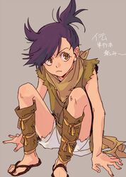  beige_background closed_mouth dororo_(character) dororo_(tezuka) edmhhhnh female fingernails frown long_hair ponytail purple_hair reverse_trap simple_background sitting toenails torn_clothes translation_request yellow_eyes 