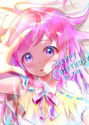  :o \||/ bare_shoulders blouse blush collared_shirt commentary dated english_text female happy_birthday highres kiratto_pri_chan light_rays long_hair looking_at_viewer momoyama_mirai open_mouth orange0150 pink_ribbon pretty_series reaching reaching_towards_viewer ribbon shirt sidelocks sleeveless sleeveless_shirt solo swept_bangs vest white_shirt yellow_shirt 