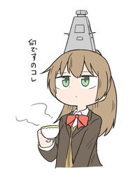  ascot blazer brown_hair brown_jacket cheno_(amakuchi_mustard) commentary cup female green_eyes highres holding holding_cup jacket japan_maritime_self-defense_force japan_self-defense_force js_kumano_(kancolle) kantai_collection kumano_(jmsdf) kumano_(kancolle) long_hair looking_up military name_connection object_namesake object_on_head ponytail school_uniform simple_background solo steam teacup translated upper_body white_background 