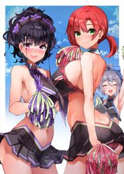  3girls bare_shoulders boudica_(fate) breasts brynhildr_(cheer_for_master)_(fate) brynhildr_(cheer_for_master)_(fate)_(cosplay) brynhildr_(fate) brynhildr_(fate)_(cosplay) cosplay fate/grand_order fate_(series) flower green_eyes grey_hair hair_between_eyes hair_flower hair_ornament hair_up highres large_breasts long_hair looking_at_viewer multiple_girls murasaki_shikibu_(fate) murasaki_shikibu_(swimsuit_rider)_(fate) murasaki_shikibu_(swimsuit_rider)_(first_ascension)_(fate) pom_pom_(cheerleading) ponytail purple_eyes purple_hair red_hair sezok thighs tied_hair tomoe_gozen_(fate) 