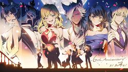  alternate_costume alternate_hairstyle animal_ears bare_shoulders beatrix_(granblue_fantasy) black_hair blonde_hair blue_dress bow bowtie brown_hair cassius_(granblue_fantasy) cherry_blossoms dark_skin draph dress earrings english_text erune eustace_(granblue_fantasy) evening_gown formal gloves granblue_fantasy helmet ilsa_(granblue_fantasy) jewelry long_hair looking_at_viewer moon necktie official_art open_mouth railing red_dress smile stairs suit tuxedo vaseraga white_dress white_gloves white_hair zeta_(granblue_fantasy) 