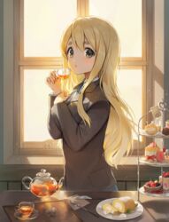  :o blazer blonde_hair blue_eyes blue_jacket blue_ribbon cake cake_slice cake_stand canele cherry chiffon_cake collared_shirt cream_puff cup eso_(toory) female food fork from_side fruit fruit_tart glass_teacup glass_teapot hand_on_own_chest highres holding holding_cup indoors jacket k-on! knife kotobuki_tsumugi long_hair long_sleeves looking_at_viewer macaron napkin neck_ribbon plate ribbon sakuragaoka_high_school_uniform school_uniform shirt snack solo straight_hair strawberry strawberry_shortcake sunlight swiss_roll tart_(food) tea teacup teapot thick_eyebrows tiered_tray tray white_shirt window winter_uniform 