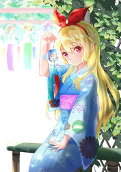  aikatsu!_(series) blonde_hair blue_kimono blush choppy_bangs commentary_request female foliage hair_between_eyes headband highres holding hoshimiya_ichigo japanese_clothes kimono long_hair long_sleeves looking_at_viewer obi orange0150 outdoors pink_sash red_eyes sash sidelocks sitting smile solo split_mouth wide_sleeves wind_chime 