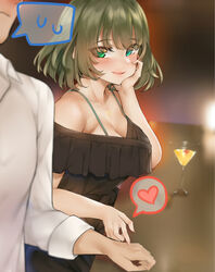  1boy bababababan bad_id bad_pixiv_id bare_shoulders blush breasts brown_hair cleavage collarbone commentary cup drinking_glass female green_eyes heterochromia highres idolmaster idolmaster_cinderella_girls jewelry large_breasts looking_at_viewer open_mouth shirt short_hair smile solo_focus takagaki_kaede white_shirt 