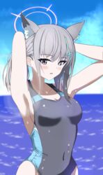  animal_ear_fluff animal_ears arms_behind_head black_one-piece_swimsuit blue_archive blue_eyes blue_sky breasts cloud competition_swimsuit covered_navel cross_hair_ornament day extra_ears female grey_hair hair_ornament halo hamachi8 highres horizon low_ponytail medium_breasts medium_hair mismatched_pupils multicolored_clothes multicolored_swimsuit ocean official_alternate_costume one-piece_swimsuit outdoors shiroko_(blue_archive) shiroko_(swimsuit)_(blue_archive) sky solo swimsuit wet wet_clothes wet_swimsuit wolf_ears 