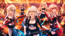  &gt;_&lt; 5girls absurdres alternate_costume asymmetrical_clothes azur_lane black_choker black_footwear black_jacket black_pantyhose black_ribbon black_shorts black_skirt black_tank_top black_thighhighs blue_eyes braid breasts brown_hair choker cleavage concert cross drake_(azur_lane) drum drum_set drumsticks duca_degli_abruzzi_(azur_lane) electric_guitar fishnet_pantyhose fishnets french_braid guitar hair_horns hair_over_one_eye hair_ribbon halo high_ponytail highres instrument iron_cross jacket kirov_(azur_lane) large_breasts long_hair looking_at_viewer manjuu_(azur_lane) mechanical_arms medium_breasts microphone microphone_stand midriff miniskirt multicolored_hair multiple_girls northern_parliament_(emblem) odin_(azur_lane) open_clothes open_jacket outdoors pantyhose pleated_skirt prosthesis prosthetic_arm red_eyes red_hair ribbon rideth_mochi san_francisco_(azur_lane) shoes short_hair short_shorts shorts single_mechanical_arm skirt sleeveless sleeveless_jacket stage streaked_hair tank_top thighhighs torn_clothes torn_skirt truss two-tone_hair white_hair wrist_guards yellow_eyes 