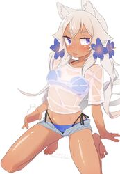  animal_ear_fluff animal_ears bikini bikini_under_clothes blue_bikini blue_flower blush bottle breasts closed_mouth commentary_request dark-skinned_female dark_skin female flower grey_hair grey_shorts hair_flower hair_ornament highres holding holding_bottle long_hair looking_at_viewer low_twintails medium_breasts navel open_clothes open_shorts original owasaki purple_eyes see-through shiraai_(owasaki) shirt short_shorts short_sleeves shorts simple_background solo swimsuit tongue tongue_out twintails twitter_username v-shaped_eyebrows very_long_hair wet wet_clothes wet_shirt white_background white_shirt 