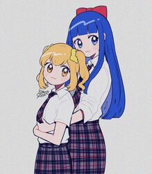  2girls :3 blonde_hair blue_eyes blue_hair blunt_bangs blunt_ends blush bow brown_eyes closed_mouth collared_shirt commentary_request cowboy_shot from_side grey_background hair_ornament hair_scrunchie hairbow hug hug_from_behind kisaragi_yuu_(fallen_sky) long_hair long_sleeves looking_at_viewer looking_to_the_side multiple_girls necktie pipimi plaid plaid_necktie plaid_skirt pleated_skirt poptepipic popuko purple_necktie purple_skirt red_bow scrunchie shirt shirt_tucked_in short_hair short_sleeves signature simple_background skirt smile tatu twintails white_shirt yellow_scrunchie 