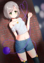  absurdres bare_shoulders black_thighhighs blue_shorts blurry blurry_background breasts closed_mouth eyes_visible_through_hair female green_eyes grey_hair hand_up heart heart-shaped_pupils highres holding komeiji_koishi light looking_at_viewer mantou_xiang night night_sky no_headwear off_shoulder shadow shirt short_hair short_shorts short_sleeves shorts sky small_breasts smile solo standing stomach symbol-shaped_pupils t-shirt thighhighs third_eye touhou wall white_shirt 