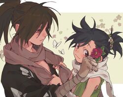  1boy animal bandaged_arm bandages black_hair black_kimono blush brown_eyes brown_hair brown_scarf bug butterfly closed_mouth commentary dororo_(character) dororo_(tezuka) edmhhhnh female fingernails flower green_flower hair_flower hair_ornament hyakkimaru_(dororo) japanese_clothes kimono long_hair medium_hair ponytail red_eyes red_flower scarf smile symbol-only_commentary torn_clothes upper_body white_butterfly white_flower white_scarf 