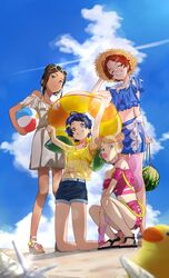  4girls ^_^ absurdres ahoge aonuma_neiru arm_behind_head arm_between_legs backpack bag ball barefoot beach beachball belt blonde_hair blowing_bubbles blue_eyes blue_hair blue_nails blue_shorts blue_skirt blue_sky brown_hair butterfly_wings carrying carrying_overhead carrying_under_arm chewing_gum choker closed_eyes closed_mouth clothing_cutout cloud collarbone contrail crop_top cross cross_choker cutoffs dark_blue_hair day denim double_bun dress ear_piercing earrings eyewear_on_head floral_print flower food frills fruit green_nails grey_dress grey_ribbon hair_bun hair_ornament hairclip hat heterochromia highres holding holding_ball holding_beachball holding_swim_ring holding_water_gun hood hoodie hose innertube insect_wings jewelry kawai_rika kneeling laces looking_at_viewer midriff multicolored_hair multiple_girls nail_polish nakai_ann ooto_ai outdoors outstretched_arms piercing piggyback pink_choker pink_nails pink_shirt pink_shorts protected_link red_hair rubber_duck sand sandals sawaki_momoe seashell see-through see-through_shirt shell shirt short_hair short_shorts shorts shoulder_cutout sidelocks skirt sky smile squatting standing straw_hat sunflower_print sunglasses swim_ring two-tone_hair water_drop water_gun watermelon wings wonder_egg_priority x_hair_ornament yellow_belt yellow_eyes yellow_hoodie yellow_shirt 