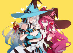  2girls ;p alternate_costume arm_ribbon arm_under_breasts artist_name baobhan_sith_(fate) baobhan_sith_(valentine_witches)_(fate) bare_shoulders black_ribbon bow breasts citron80citron cleavage cowboy_shot fate/grand_order fate_(series) finger_to_mouth fingernails grey_eyes grey_hair hair_between_eyes hat heart heart_background highres large_breasts long_fingernails long_hair morgan_le_fay_(fate) morgan_le_fay_(valentine_witches)_(fate) mother_and_daughter multiple_girls one_eye_closed pink_hair ribbon shushing smile tongue tongue_out tsurime v very_long_hair waist_bow witch_hat wrist_cuffs yellow_background 