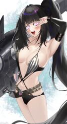  absurdres architect_(girls&#039;_frontline) architect_(nvw_model)_(girls&#039;_frontline) arm_up arm_warmers armpits bare_shoulders belt black_hair black_one-piece_swimsuit blush breasts cleavage collarbone cowboy_shot female fingerless_gloves girls&#039;_frontline gloves gun highres holding holding_gun holding_weapon long_hair looking_at_viewer medium_breasts nail_polish navel official_alternate_costume one-piece_swimsuit one_side_up open_mouth pink_eyes pink_nails revision rocket_launcher sangvis_ferri saturndxy side_ponytail simple_background single_fingerless_glove smile solo standing swimsuit teeth twitter_username upper_teeth_only v v_over_eye very_long_hair weapon 