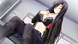  black_bra black_footwear black_hair black_jacket black_pantyhose blue_skirt blush boots bow bowtie bra breasts cleavage closed_eyes closed_mouth collared_shirt dress_shirt dutch_angle female frilled_bra frills game_cg hair_between_eyes hair_intakes hatozuki_tsumiki indoors jacket kashiwagi_narumi knee_boots large_breasts long_hair long_sleeves midriff miniskirt navel open_clothes open_jacket open_shirt pantyhose print_bra school_uniform shirt sitting skirt smile solo soukoku_no_arterial stomach straight_hair underwear undone_bowtie very_long_hair white_shirt wing_collar 