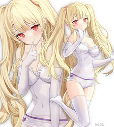  bare_shoulders blonde_hair breasts commentary_request commission elbow_gloves female finger_to_mouth gloves highres korean_commentary leg_up long_hair looking_at_viewer medium_breasts multiple_views no_shoes original pixiv_commission pointy_ears red_eyes ronopu shirt short_shorts shorts sidelocks smile strapless strapless_shirt thighhighs tube_top twintails very_long_hair white_gloves white_legwear white_shirt white_shorts 