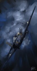  abe_yasushi_(umizoi_tibet) aerial_battle aircraft airplane battle bf_109 cloud cross dogfight firing flying germany iron_cross military military_vehicle original shell_casing sky vehicle_focus war weapon world_war_ii 