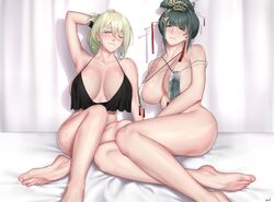  2girls adapted_costume arm_behind_head artist_name bare_legs bare_shoulders barefoot black_tank_top blush breasts closed_mouth collarbone crop_top de_lacey_(neural_cloud) feet girls&#039;_frontline girls&#039;_frontline_neural_cloud green_hair hair_ornament hairclip hanying:_zitherwoe_(punishing:_gray_raven) hanying_(punishing:_gray_raven) highres large_breasts legs light_smile lips long_hair looking_at_viewer mole mole_under_mouth multiple_girls one_eye_closed open_mouth parted_lips punishing:_gray_raven simple_background sitting smolxeno tank_top thighs toes 