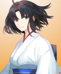  absurdres ahoge black_eyes black_hair brown_eyes closed_mouth fate/grand_order fate_(series) female highres japanese_clothes kara_no_kyoukai kimono long_sleeves looking_at_viewer moedredd parted_bangs ryougi_shiki sash short_hair smile solo white_kimono 