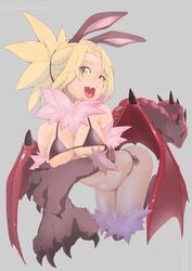  :d absurdres all_fours animal_ears animal_hands bikini black_bikini blonde_hair breasts claws commentary_request commission cosplay emmanuelle_love fangs female gradient_eyes green_eyes grey_fur highres manticore_(monster_girl_encyclopedia) md5_mismatch medium_breasts monster_girl monster_girl_encyclopedia multicolored_eyes open_mouth pink_fur ponpoko_megane rabbit_ears red_eyes resolution_mismatch simple_background skeb_commission smile solo source_larger swimsuit tail wings 