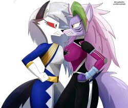  2026 angry anthro artist_name big_breasts black_bodysuit black_clothing black_skinsuit blue_bodysuit blue_clothing blue_skinsuit bodysuit breast_size_difference breast_squish breasts breasts_frottage canid canid_demon canine canis clenched_teeth clothing cosplay cross-popping_vein crossover crossover_cosplay demon duo ear_piercing eye_contact female female/female fist five_nights_at_freddy's five_nights_at_freddy's:_security_breach fur green_highlights grey_hair hair hellaverse hellhound helluva_boss hi_res highlights_(coloring) hyakujuu_sentai_gaoranger juken_sentai_gekiranger lipstick long_hair looking_at_another loona_(helluva_boss) makeup mammal multicolored_bodysuit multicolored_clothing multicolored_skinsuit mythological_canine mythological_creature mythology piercing pink_hair portrait power_rangers power_rangers_jungle_fury power_rangers_wild_force purple_body purple_bodysuit purple_clothing purple_fur purple_lipstick purple_skinsuit red_sclera roxanne_wolf scottgames side_view simple_background skinsuit squish steel_wool_studios super_sentai tail teeth text thegiftedfire three-quarter_portrait tight_clothing twitter_handle two_tone_bodysuit two_tone_clothing two_tone_skinsuit white_background white_body white_bodysuit white_clothing white_eyes white_fur white_skinsuit wolf yellow_eyes 