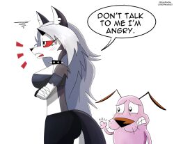  2026 angry anthro artist_name ass big_breasts black_bottomwear black_clothing blush blush_lines bottomwear breasts canid canid_demon canine canis cartoon_network clothing collar courage_the_cowardly_dog courage_the_cowardly_dog_(character) crop_top crossed_arms crossover demon dialogue domestic_dog duo emanata english_text female fur grey_body grey_fur grey_hair hair hellaverse hellhound helluva_boss hi_res larger_female long_hair loona_(helluva_boss) male mammal midriff mythological_canine mythological_creature mythology notched_ear pink_body pink_fur red_sclera shirt side_view simple_background size_difference smaller_male spiked_collar spikes tail text thegiftedfire topwear twitter_handle white_background white_eyes 