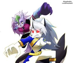  2026 action_scene anthro artist_name big_breasts black_bodysuit black_clothing black_skinsuit blue_bodysuit blue_clothing blue_skinsuit bodysuit breasts canid canid_demon canine canis clothing cosplay crossover crossover_cosplay demon duo eyeshadow female fight fist five_nights_at_freddy's five_nights_at_freddy's:_security_breach fur glowing glowing_eyes green_highlights grey_hair hair hair_over_eye hellaverse hellhound helluva_boss hi_res highlights_(coloring) hyakujuu_sentai_gaoranger juken_sentai_gekiranger lipstick long_hair loona_(helluva_boss) makeup mammal multicolored_bodysuit multicolored_clothing multicolored_skinsuit mythological_canine mythological_creature mythology pink_hair power_rangers power_rangers_jungle_fury power_rangers_wild_force purple_body purple_bodysuit purple_clothing purple_eyeshadow purple_fur purple_lipstick purple_skinsuit red_sclera roxanne_wolf scottgames simple_background skinsuit steel_wool_studios super_sentai tail text thegiftedfire tight_clothing translucent translucent_hair twitter_handle two_tone_bodysuit two_tone_clothing two_tone_skinsuit white_background white_body white_bodysuit white_clothing white_eyes white_fur white_skinsuit wolf yellow_eyes 
