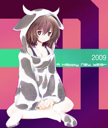  2009 animal_print brown_hair chinese_zodiac commentary_request cow_print ein_(long_cake) female hood horns indian_style new_year original short_hair sitting slippers solo year_of_the_ox 