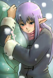  1other arm_hug black_coat blue_eyes closed_mouth coat commentary_request elf elvaan female final_fantasy final_fantasy_xi hair_between_eyes happy light_purple_hair long_sleeves photoshop_(medium) pointy_ears prishe red_scarf scarf sleeve_cuffs smile snow snowing solo_focus tara_baka_ni 