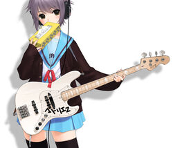  atelier_z_(guitar) bad_id bad_pixiv_id bass_guitar blue_sailor_collar blue_skirt cardigan female headphones instrument kita_high_school_uniform nagato_yuki purple_hair sailor_collar sano_toshihide school_uniform serafuku short_hair skirt solo standing suzumiya_haruhi_no_yuuutsu thighhighs tissue_box tissue_princess winter_uniform 