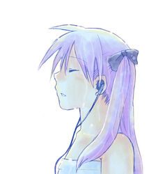  closed_eyes collarbone commentary earbuds earphones female hair_ribbon hiiragi_kagami kusaka_yoru long_hair lucky_star photoshop_(medium) profile purple_hair ribbon simple_background solo twintails 