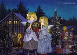  2008 6+girls :d basket bird_wings blonde_hair blue_eyes building candle canine christmas christmas_ornaments christmas_tree christmas_wreath holding long_hair long_sleeves looking_at_viewer multiple_girls night open_mouth original outdoors pantyhose short_hair sky smile snow standing star_(symbol) takano_otohiko tree white_wings wings winter wreath 