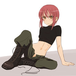  artist_request babydoll_t-shirt boots brown_eyes cargo_pants crop_top cropped_shirt female kaibutsu_oujo midriff navel no_panties open_fly pants red_hair riza_wildman short_hair sitting solo unzipped 