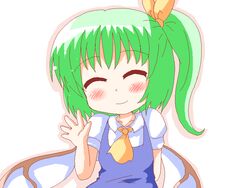  ^_^ blush closed_eyes collared_shirt commentary_request daiyousei death_flag fairy_wings female geetsu green_hair hair_ribbon jaggy_lines oekaki puffy_short_sleeves puffy_sleeves ribbon shirt short_sleeves side_ponytail smile solo touhou waving white_shirt wings 