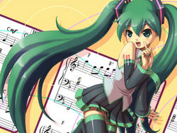  bad_id bad_pixiv_id bass_clef beamed_eighth_notes eighth_note female flat_sign green_hair half_note harak hatsune_miku long_hair musical_note quarter_note sheet_music solo staff_(music) thighhighs treble_clef twintails very_long_hair vocaloid 