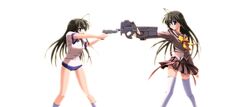  2girls ahoge amafuku_amane arisaka_weber_mary at_gunpoint black_hair blue_eyes bullpup buruma character_request fn_five-seven gun gun_to_head guren_ni_somaru_gin_no_rozario gym_uniform handgun holding holding_gun holding_weapon kayura_yuka long_hair mexican_standoff multiple_girls p90 school_uniform siblings sisters submachine_gun thighhighs twins weapon 