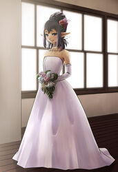  bare_shoulders blush bride choker collarbone commentary_request dress elbow_gloves elf elvaan female final_fantasy final_fantasy_xi flat_chest gloves grey_eyes long_hair photoshop_(medium) pointy_ears prishe purple_hair smile solo tara_baka_ni wedding_dress 