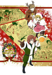  00_gundam 3girls 6+boys allelujah_haptism animal_costume apron bad_id bad_pixiv_id christina_sierra christmas cooking decorating gundam gundam_00 haro highres ian_vashti joyce_b._moreno lasse_aeon lichtendahl_tsery lockon_stratos lyle_dylandy mecha meg_maru2 mileina_vashti multiple_boys multiple_girls pantyhose reindeer_costume robot saji_crossroad santa_costume setsuna_f._seiei soma_peries sumeragi_lee_noriega tieria_erde 