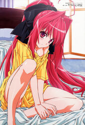  absurdres ahoge barefoot bed bed_sheet blush bottomless breasts cleavage corticarte_apa_lagranges embarrassed female hair_intakes hair_ribbon head_tilt highres kohara_makoto legs long_hair medium_breasts megami_magazine no_bra non-web_source off_shoulder official_art pajamas pillow ponytail red_eyes red_hair ribbon sheet_grab shinkyoku_soukai_polyphonica shinkyoku_soukai_polyphonica_crimson_s shirt sitting solo spread_legs very_long_hair 