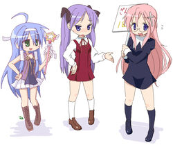  3girls ahoge aoba_tsugumi aoba_tsugumi_(cosplay) bad_id bad_pixiv_id blue_eyes blue_hair collaboration cosplay glasses green_eyes hair_ribbon hair_tubes hand_on_own_hip hiiragi_kagami ikkyuu izumi_konata kakifly kannagi kneehighs long_hair lucky_star mole mole_under_eye multiple_girls nagi_(kannagi) nagi_(kannagi)_(cosplay) oekaki open_mouth photoshop_(medium) pink_hair purple_eyes purple_hair ribbon school_uniform socks takara_miyuki tareme tsurime twintails very_long_hair zange zange_(cosplay) 