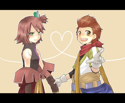  1boy bad_id bad_pixiv_id bag bare_shoulders brown_eyes brown_hair embarrassed feather_hair_ornament feathers female green_eyes hair_ornament heart heart_of_string holding_another&#039;s_arm karol_capel minoharu nan_(tales) neckerchief pointing scar shoulder_bag smile tales_of_(series) tales_of_vesperia 