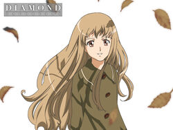  artist_request brown_eyes brown_hair coat female happy kita_e leaf long_hair shiraishi_karin simple_background smile solo wind 