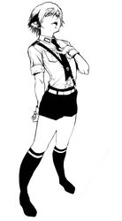  1boy animal_ears bad_id bad_pixiv_id belt cat_ears gloves greyscale hellsing male_focus military military_uniform miwa_hitomi monochrome nazi necktie sam_browne_belt schroedinger_(hellsing) shorts socks solo uniform 