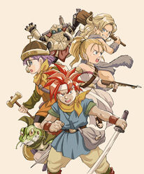  3girls ayla_(chrono_trigger) blonde_hair cape chrono_trigger club_(weapon) commentary_request crono_(chrono_trigger) crossbow frog_(chrono_trigger) glasses gun headband helmet left-handed long_hair lucca_ashtear mappy_(manhole_opener) marle_(chrono_trigger) multiple_girls photoshop_(medium) ponytail purple_hair red_hair robo_(chrono_trigger) shield short_hair sword weapon 