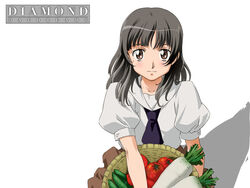  artist_request basket black_hair brown_eyes daikon female harada_akari kita_e radish simple_background solo tomato 