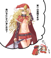  2girls bell belt belt_buckle black_collar blonde_hair blush buckle capelet christmas collar commentary_request crowbar flat_chest hair_over_one_eye hat holding holding_crowbar imagining long_hair megane_chuu midriff multiple_girls navel neck_bell red_headwear red_shorts red_veil santa_costume santa_hat sasha_kruschschev shorts skirt stomach thinking thought_bubble toaru_majutsu_no_index translated vasilissa veil 