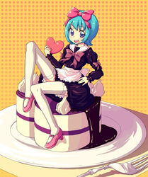  apron aqua_hair blush cake commentary_request dress female food fork hair_ribbon heart in_food kimarin maid mary_janes mini_person minigirl open_mouth original pastry purple_eyes ribbon shoes short_hair solo thighhighs white_thighhighs 