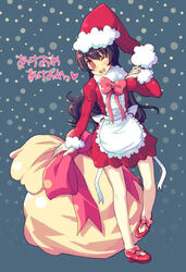  apron bow bowtie brown_hair christmas dress female full_body grey_background kimarin long_hair long_sleeves looking_at_viewer orange_eyes original red_bow red_bowtie red_dress sack santa_costume simple_background snowing solo standing waist_apron 