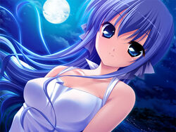  bare_shoulders blue_eyes dress female fumio_(ura_fmo) game_cg hair_ornament hoshiuta long_hair moon purple_hair ribbon smile solo white_dress yamabuki_renge 