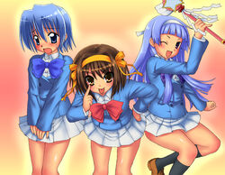  1boy 2girls akanbe akashi_kaoru akashi_kaoru_(cosplay) ayasaki_hayate b.a.b.e.l._uniform bad_id bad_pixiv_id blue_eyes blue_hair blush brown_eyes brown_hair commentary_request cosplay crossdressing crossover embarrassed eyelid_pull hair_ornament hairband hayate_no_gotoku! hirano_aya kannagi long_hair miniskirt multiple_girls nagi_(kannagi) nogami_aoi nogami_aoi_(cosplay) one_eye_closed orange_hairband otoko_no_ko pleated_skirt purple_eyes ribbon rokko sannomiya_shiho sannomiya_shiho_(cosplay) school_uniform shiraishi_ryouko short_hair skirt smile suzumiya_haruhi suzumiya_haruhi_no_yuuutsu the_children tomatsu_haruka tongue tongue_out voice_actor_connection wand white_skirt zettai_karen_children 